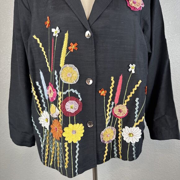 Indigo Moon Womens Vintage Blazer Jacket 1X Plus Black Floral Ribbon Applique - Picture 4 of 10